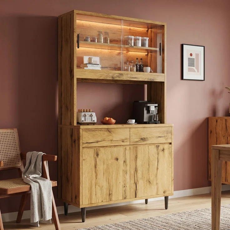 Buffetschrank 100x40x185 cm aus Holzwerkstoff in Eiche mit Glastüren, LED-Lichtleiste und Steckdosen – Bild 1