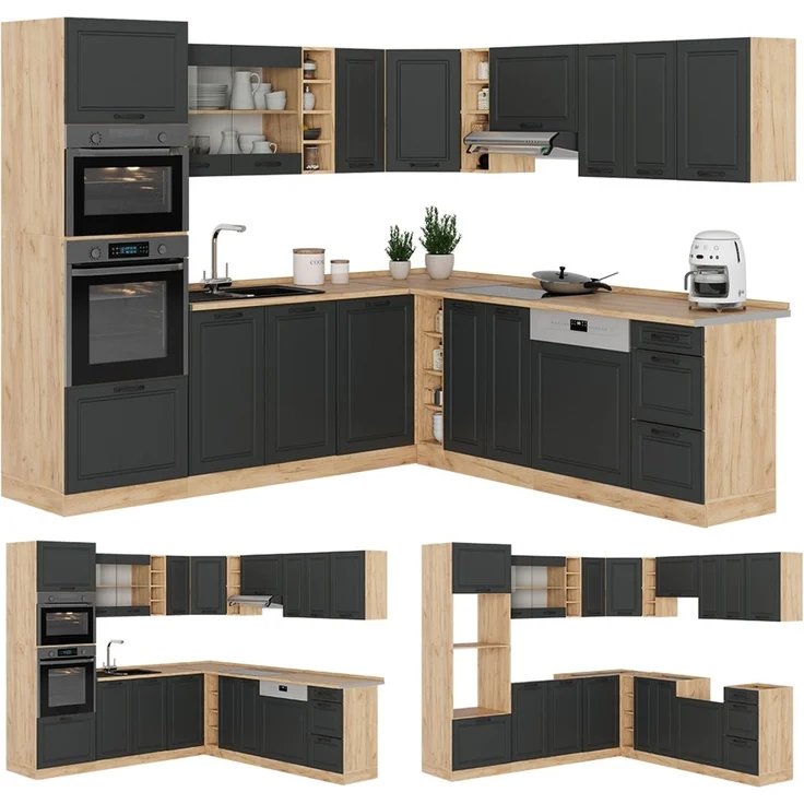 Eckküche R-Line Anthrazit Landhaus/Goldkraft Eiche 247 x 237 cm ohne Arbeitsplatte Vicco – Bild 6
