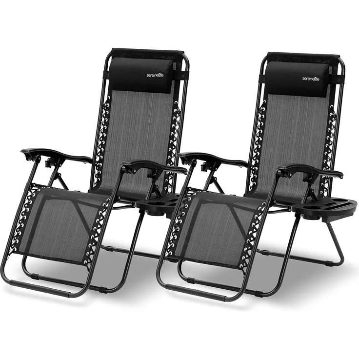 SereneLife Liegestuhl, Gartenliege Klappbar, Strandliege Verstellbar mit Seitentisch, Kopfkissen & Getränkehalter, Sonnenstuhl für Balkon, Garten, Terrasse & Camping, Deckchair 2 Personen Schwarz – Bild 1