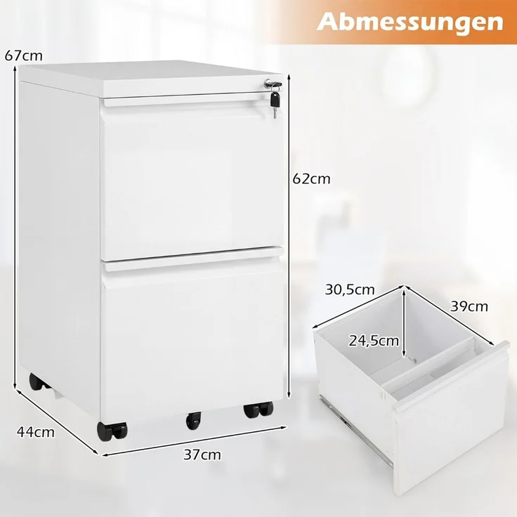 Metall Abschließbarer Rollcontainer mit 2 Schubladen & Hängeregistratur Aktenschrank Weiß SH1050 – Bild 2