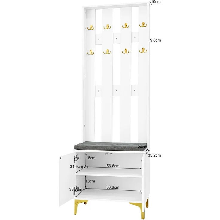 Garderobenset 60,5x35,2x180,5 cm, mit Schuhbank, Kissen, Haken und Push-to-open in Weiß – Bild 5