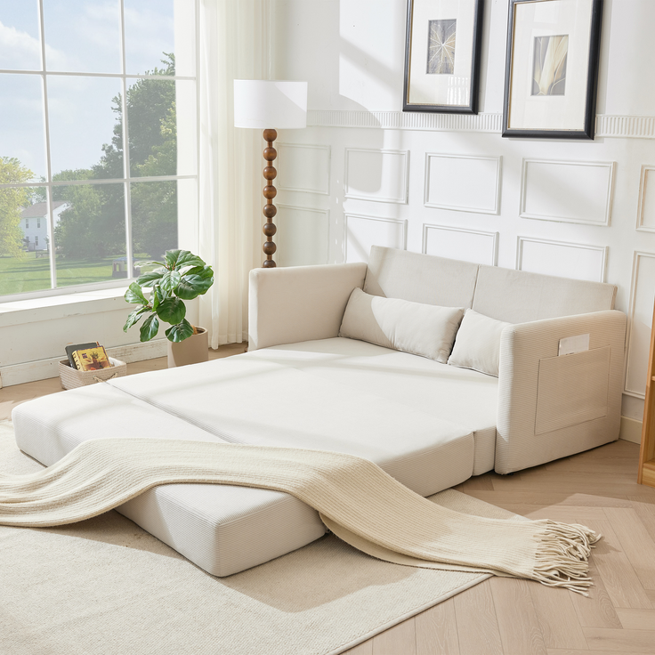 ZUBALIYA Schlafsofa 92x82 cm, mit Stauraum, mit Samtbezug, mit Cordbezug, mit breiten Armlehnen, mit Schaumstoffpolsterung, Beige – Bild 14