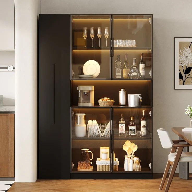 Vitrinenschrank 110 x 35 x 160 cm aus MDF in Schwarz mit Glasfront, LED und ausziehbaren Regalen – Bild 3