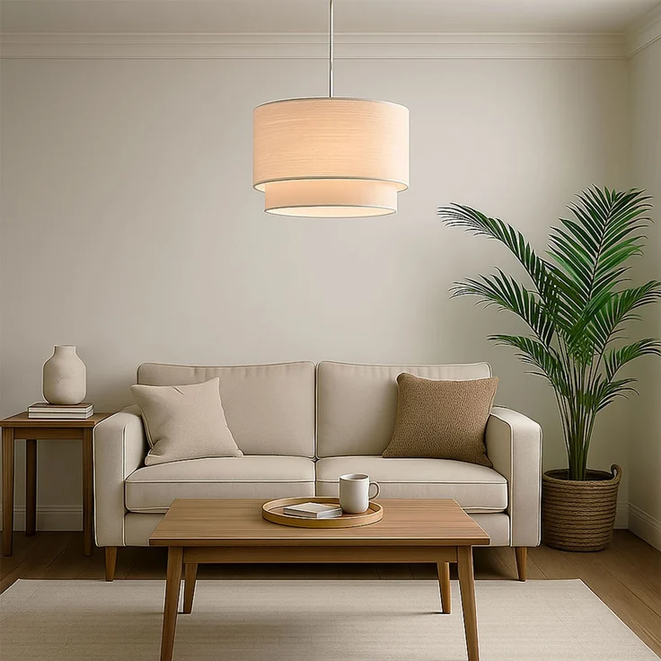 LED Pendelleuchte, Textil beige, H 150 cm – Bild 3