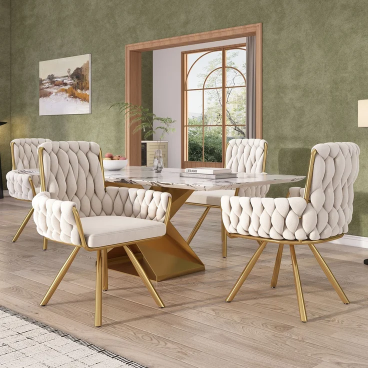 Merax Samt-Esszimmerstuhl, 4er set, Sessel, einzelner luxuriöser Wohn- und Schlafzimmer-Drehstuhl, Freizeit-Drehstuhl mit vier Stützbeinen aus Metall, beige – Bild 2