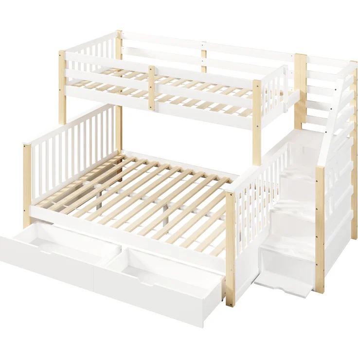 Merax Etagenbett, Hochbett, 90 x 200cm & 140 x 200cm mit Schubladen, Stauraum, ohne Matratze, multifunktional, Weiß+Natur – Bild 9