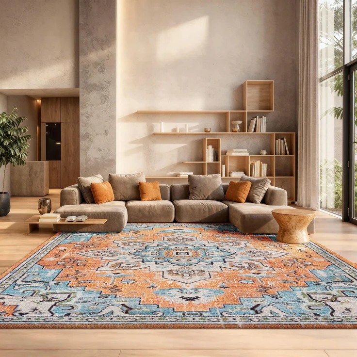 SAFAVIEH Boho Teppich für Wohnzimmer, Esszimmer, Schlafzimmer - Madison Collection, Kurzer Flor, Orange und Blaugrün, 244 X 305 cm