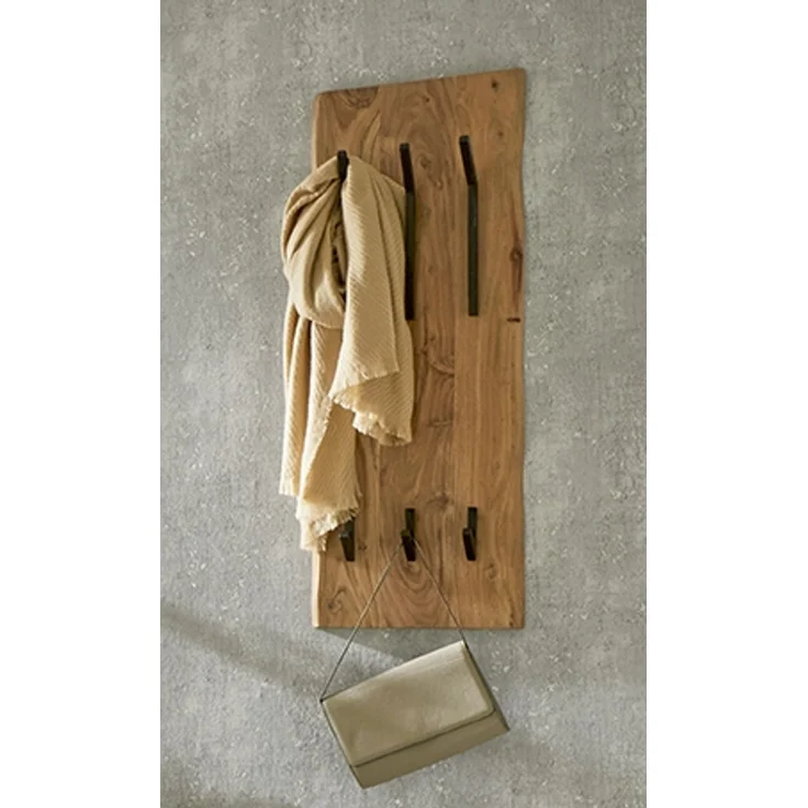 Haku Wandgarderobe aus Akazie Massivholz mit 8 Metallhaken schwarz pulverbeschichtet, Baumkante, 36x12x100 cm – Bild 5