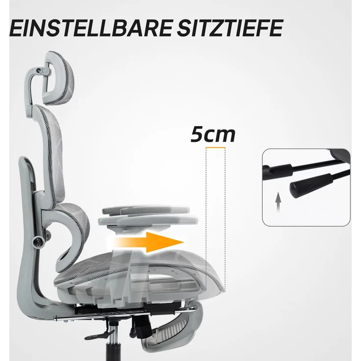 Bürostuhl, Ergonomischer Schreibtischstuhl mit Netzstoffbezug, verstellbar, rollbar, mit Armlehnen, Kopfstütze, Grau--Grau--122x64x66cm--YOUDENOVA – Bild 7