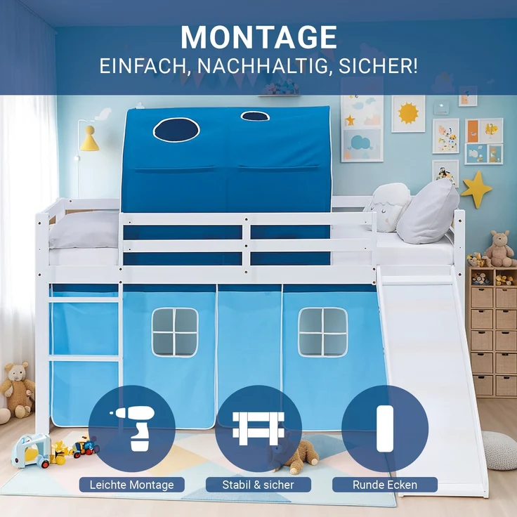 Hochbett Kinder 90x200 cm mit Rutsche Kinderbett Kinderhochbett Stockbett Vorhang Tunnel Blau Holz Massiv – Bild 5