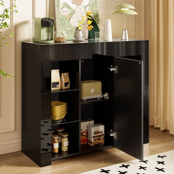 Abrihome Küchenschrank Buffet mit Glasregalen und Schranktür, Schwarz, 83x35x95 cm – Bild 5