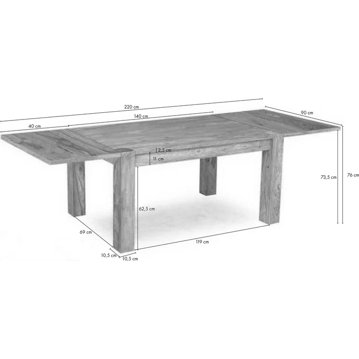 Esstisch mit Ansteckplatten Sheesham 140-180/220 x 90 x 76 grau geölt NATURE GREY #303 – Bild 8