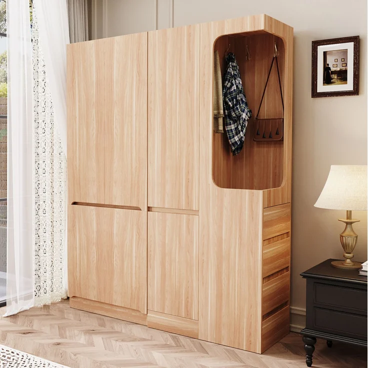 CHICFURN Kleiderschrank aus Holz, Naturholz, 140x170x40 cm, mit 4 Schubladen und offenem Hängebereich – Bild 1
