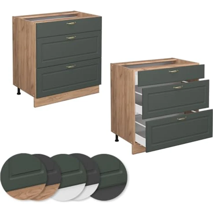 Küchenunterschrank Fame-Line Grün-Gold Landhaus 80 cm mit 3 Schubladen, ohne Arbeitsplatte Vicco – Bild 7