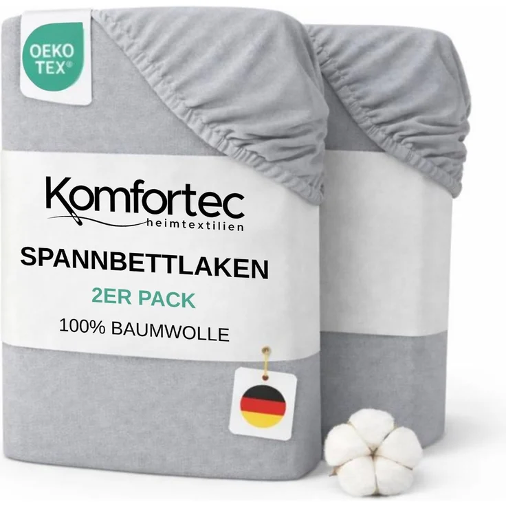 Komfortec Spannbettlaken Jersey 2er Set 100% Baumwolle – 160x200 cm – Weich, Atmungsaktiv & Hautfreundlich – Mit Rundumgummi – Oeko-Tex Zertifiziert – Für Boxspring, Topper & Matratzen – Silber