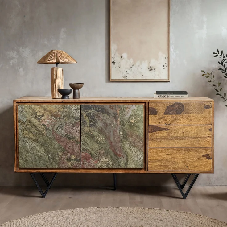 FineBuy Sideboard 175 x 71 x 40 cm Sheesham Massivholz Kommode mit Steinoptik Weiß, Hoher Kommodenschrank Modern, Standschrank mit 2 Türen und 3 Schubladen, Anrichte Wohnzimmer – Bild 1
