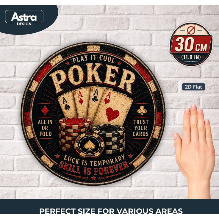 AstraDesign Blechschild Rund 30cm - Poker Spielkarten & Casino Chips Retro Wanddeko – Metall – Mehrfarbig – RD0001 – Bild 2