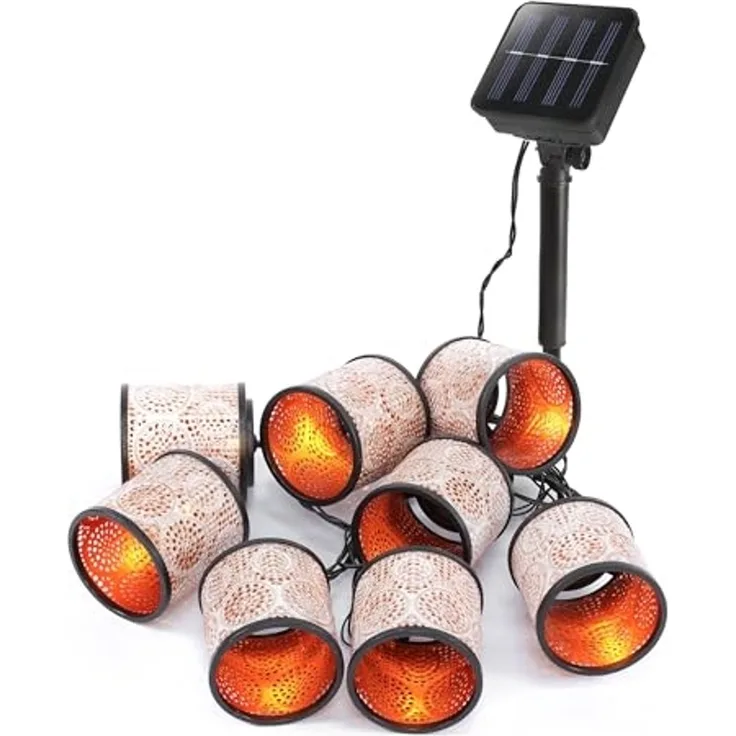 esotec LED Gartenleuchte Marokko 8 Laternen Solar 2m +2m Kabel 2500K altweiß/kupfer 102804, Dauerlicht, ON/OFF, LED fest integriert, 2500K warmweiß, 8 LED-Laternen Metall-Optik und Punkt-Ornament-Verzierungen