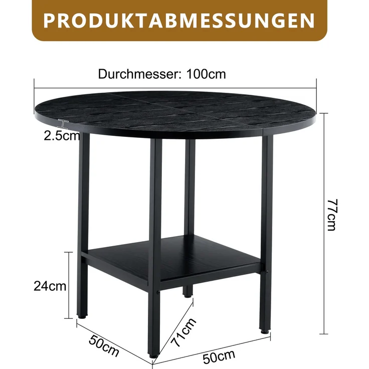 Esstisch 100x100x77 cm, rund, mit Stauraumablage aus MDF und Metall in Schwarz – Bild 4