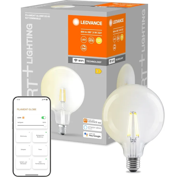 LEDVANCE Wifi SMART+ Filament LED Lampe Globe dimmbar (ex 60W) 5,5W / 2700K Warmweiß E27