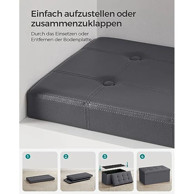 Songmics 76 cm Sitzbank mit Stauraum, Sitztruhe, Aufbewahrungsbox, Fußhocker, faltbar, gepolstert, Bezug aus Kunstleder, bis 300 kg belastbar, dunkelgrau LSF040G01 – Bild 8