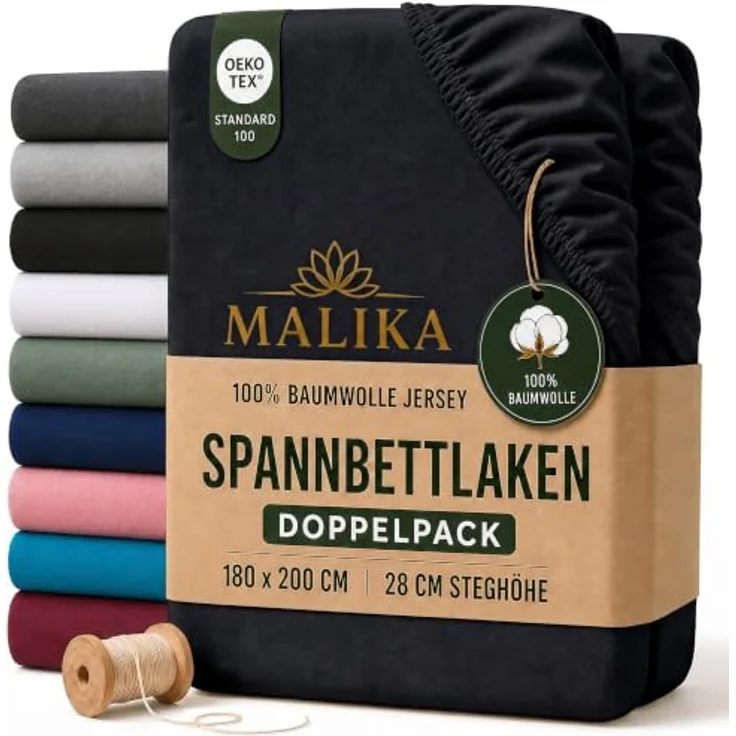 MALIKA® Spannbettlaken Doppelpack 90x200cm - 100x200cm aus Jersey-Baumwolle, für Matratzenhöhen bis 28 cm, Oeko-Tex zertifiziert – Bild 1