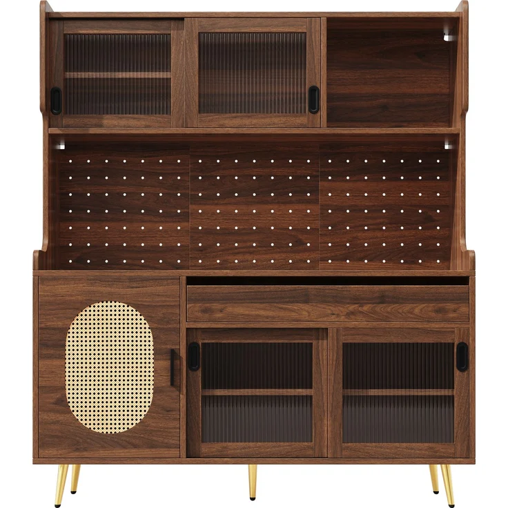 Seitenboard / Aufbewahrungsschrank / Küchenschrank / Buffetschrank, 145x39x171cm, Landhausstil, 5 Türen, mit LED-Lichtleiste & Ordnungslockplatte, Fluted Glas Türen, Braun/Schwarz--Braun--145x39x171cm--YOUDENOVA – Bild 8