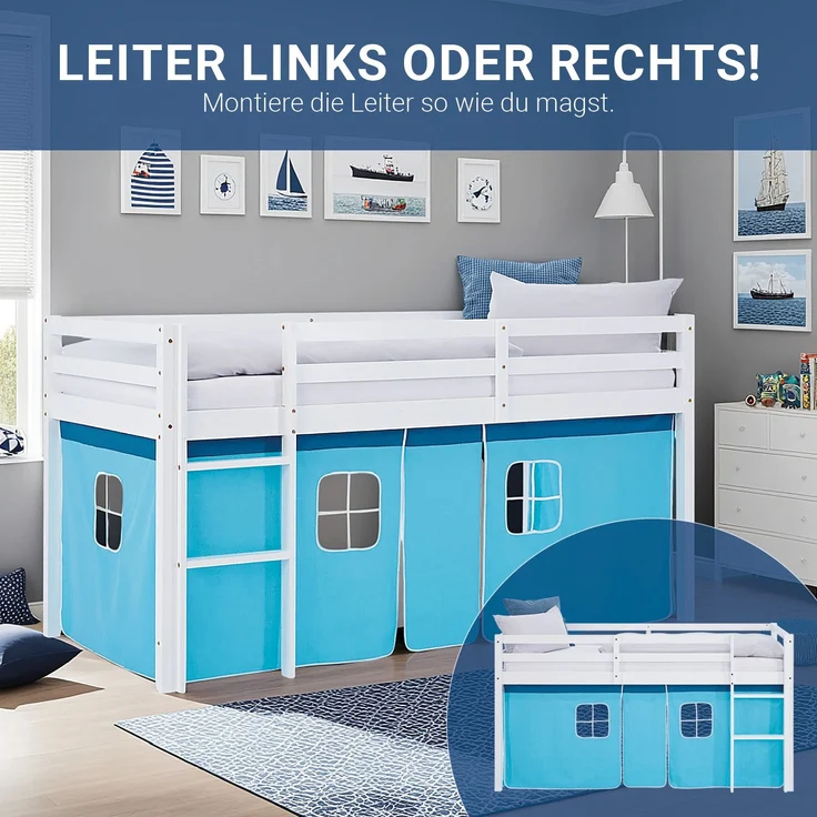 Hochbett Kinder 90x200 cm mit Lattenrost Kinderbett Kinderhochbett Stockbett Vorhang Blau Holz Massiv – Bild 6