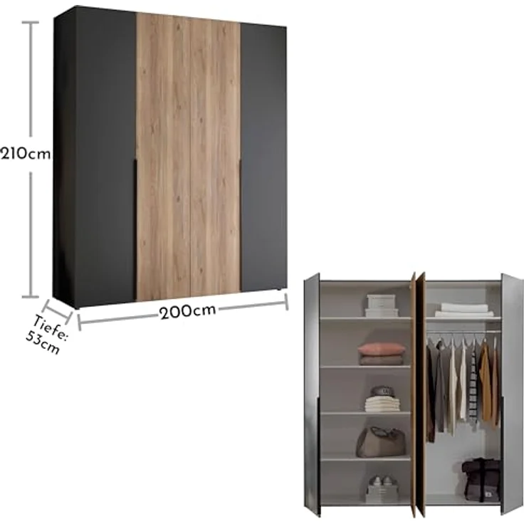 Stella Trading ASKA Kleiderschrank in Graphit, Mauvella Eiche Optik - Vielseitiger Drehtürenschrank 4-türig für Ihr Schlafzimmer - 200 x 210 x 53 cm (B/H/T) – Bild 4