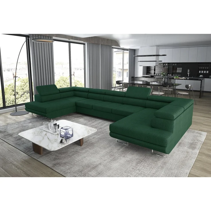 thematys Ecksofa Aston U 403 x 203 cm, mit Schlaffunktion, mit Bettkasten, mit verstellbaren Kopfstützen, Grün (Poso 14), Ausrichtung 390 cm – Bild 3