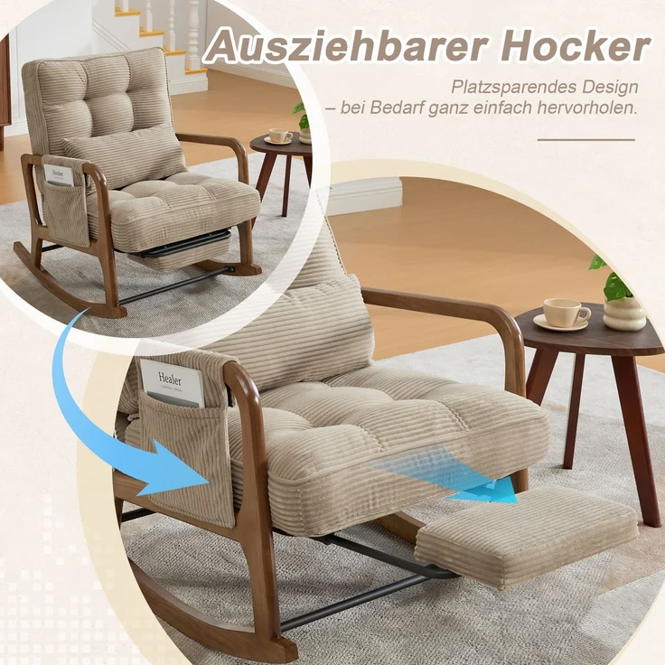 LVHOM Schaukelstuhl mit ausziehbarer Fußstütze, Relaxsessel mit verstellbare Rückenlehne, Loungesessel mit Seitentasche, bis 150 kg belastbar, Khaki – Bild 3