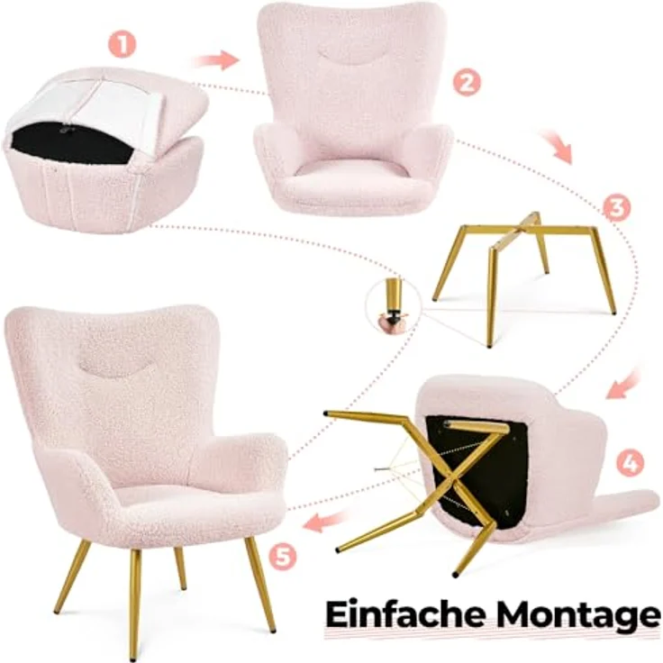 Yaheetech Ohrensessel mit Hocker Polyester-Bezug, Fernsehsessel Armlehnensessel Polstersessel Relaxsessel Cocktailsessel Teddy-Plüsch Stilvolles Design Rosa – Bild 9
