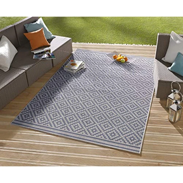 NORTHRUGS In- und Outdoor Teppich Raute 240x340 cm - Wetterfest Modern Geometrisches Raute Muster Design Teppich für Balkon Terrasse Garten Wintergarten Wohnzimmerteppich Wasserfest in Blau Creme – Bild 2