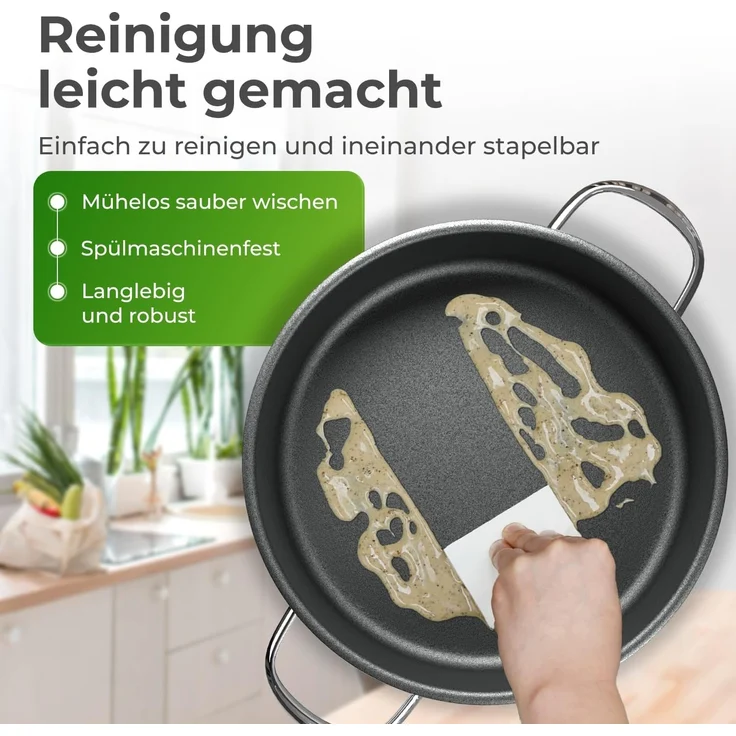 KLAMER Servierpfanne mit Deckel 28cm Induktion, antihaftbeschichteter Edelstahl Schmortopf…, Energiesparend, Güteglasdeckel, tropffrei abgießen – Bild 6