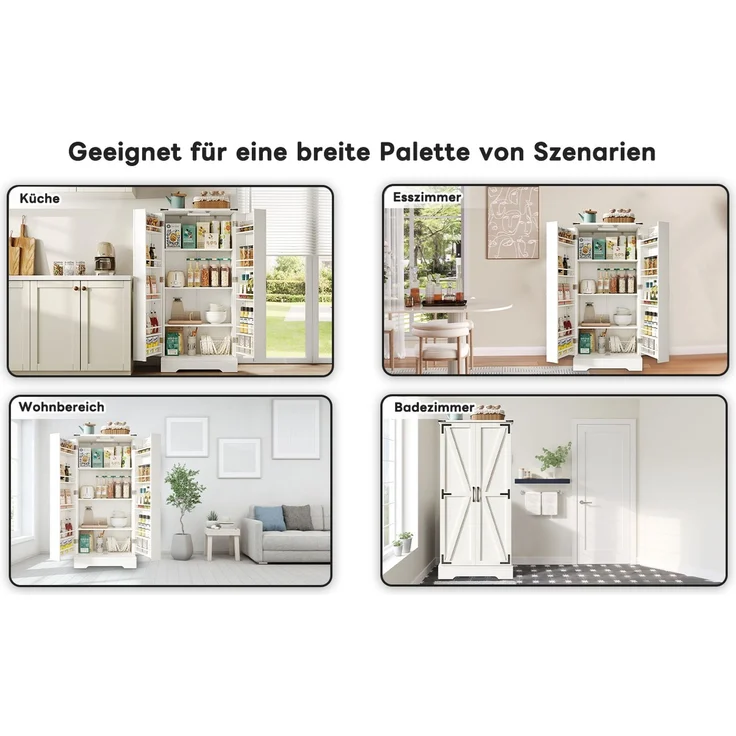 128,5 cm großer Küchenschrank, Bauernhaus-Aufbewahrungsschrank – LED-Speiseschrank mit 2 Flügeltüren und verstellbaren Regalen für kleine Räume im Esszimmer oder Wohnzimmer, weiße Tiefdruckstruktur--Weiß--134.62x44.45x15.88cm--YOUDENOVA – Bild 9