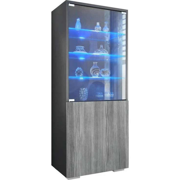 Vladon Standvitrine Granada (Vitrinenschrank, mit Glastür und Glaseinsatz inkl. LED) Anthrazit matt/Avola-Anthrazit (50 x 122,5 x 34,5 cm) – Bild 1