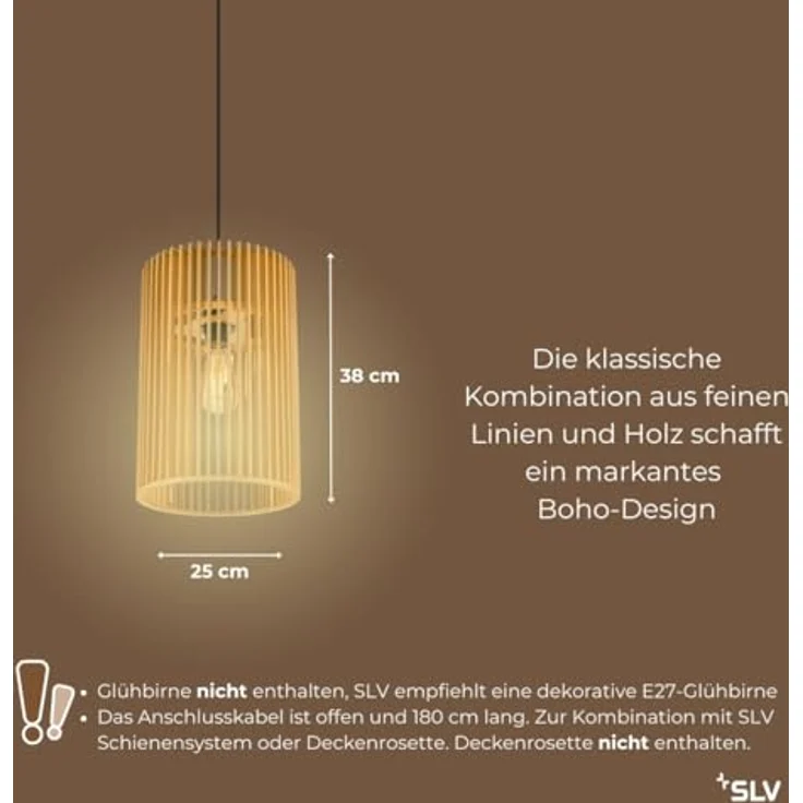 SLV WUD Pendelleuchte, E27, zylindrisch, max. 60W, schwarz, Holzoptik, IP20 – Bild 3
