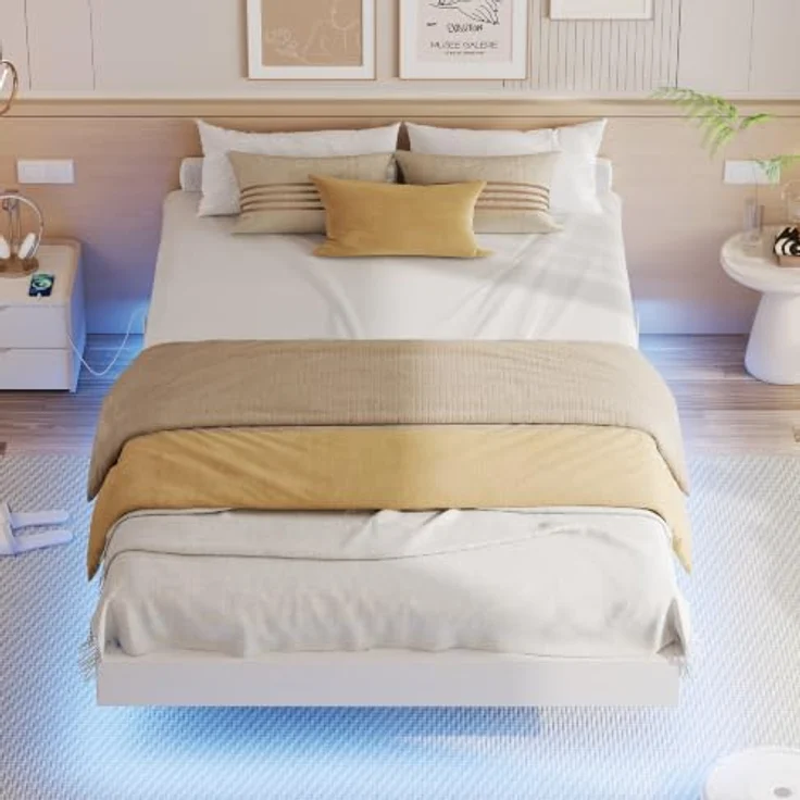 IRONCK Bettgestell 120x200 cm, Schwebender Bett mit LED Beleuchtung, Gepolsterte Seitenwände, 2 AC-Steckdosen, 2 USB-A-Anschluss, 1 USB-C-Anschluss, Metallbett mit Lattenrost Einzelbett, Weiß – Bild 8