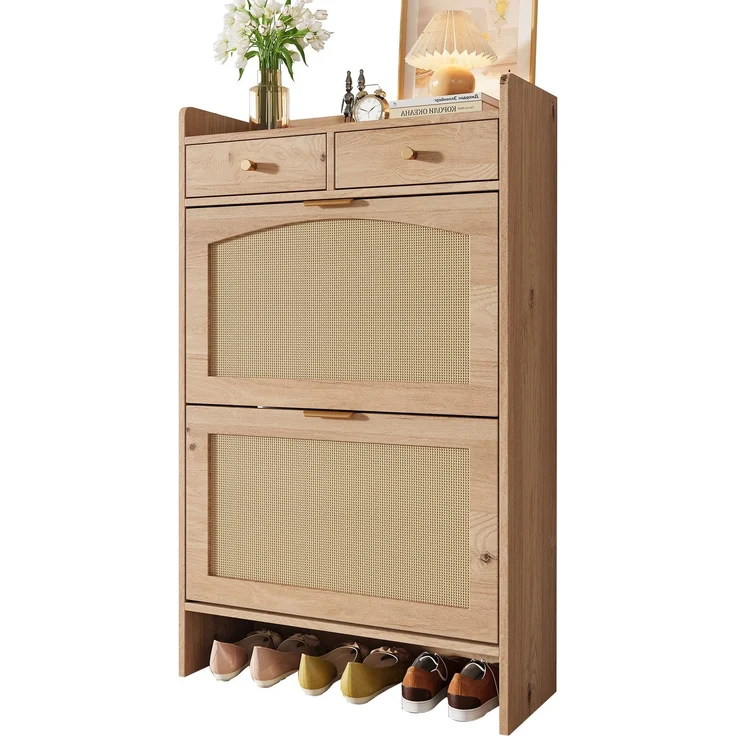 ZUBALIYA Schuhschrank (65 x 25 x 106 cm), 2 Klappfächer und 2 Schubladen, Fronten in Flechtoptik, Aus Spanplatte, Naturfarben – Bild 13