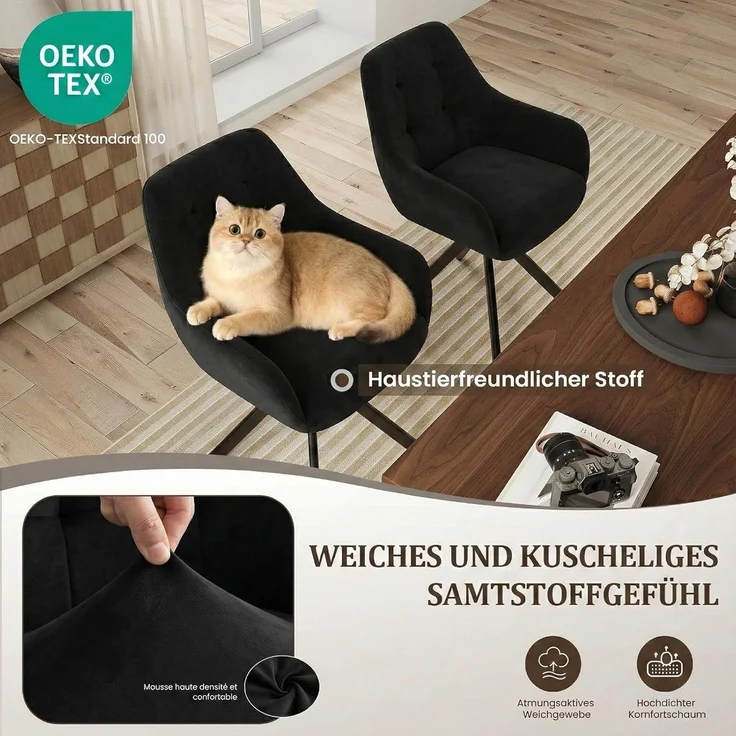 COLAMY Drehbare Esszimmerstühle 4er Set, Esszimmerstühle Drehbar mit Armlehne, Armlehnstuhl Drehbar mit Rückenlehne für Esszimmer, Stühle aus Weichem Florstoff mit Metallgestell für Küche, Schwarz – Bild 5