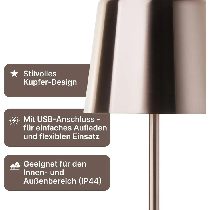 Brilliant Xaana LED Tischlampe - Helles Kupfer, Höhenverstellbares Produkt, touch dimmer stufenlos, IP44 spritzwassergeschützt, 37 cm hoch, USB aufladbar, für den Innen- und Außenbereich – Bild 3