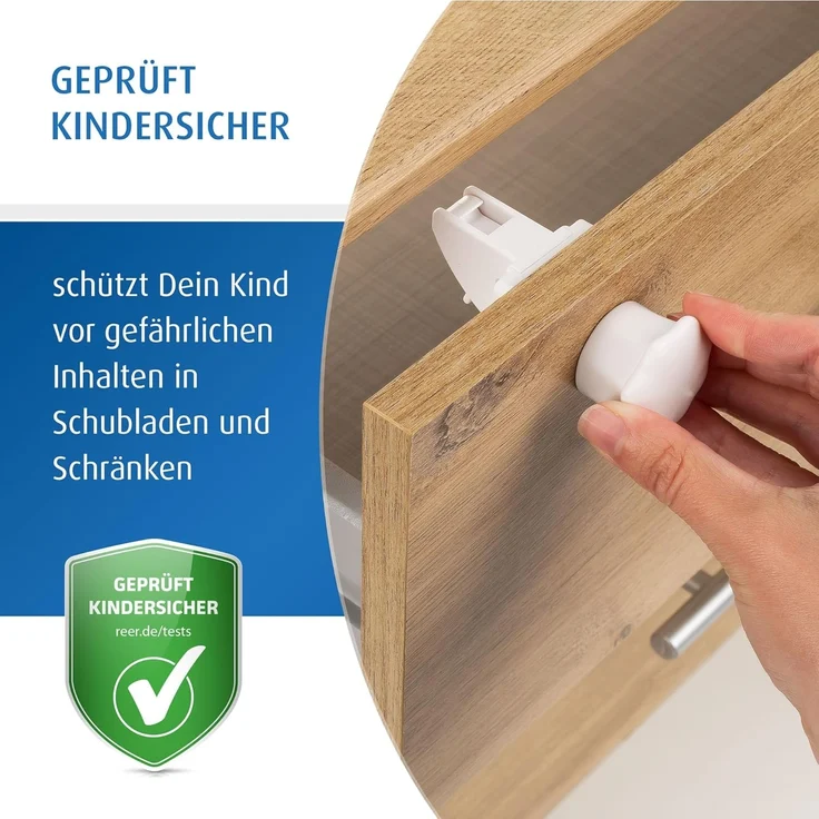 reer Magnetschloss | 8 Stück in Paper Bag | Magnetische Kindersicherung | Schrank- und Schubladensicherung zum Kleben | Sicherheit für Babys und Kinder | Erstausstattung – Bild 3