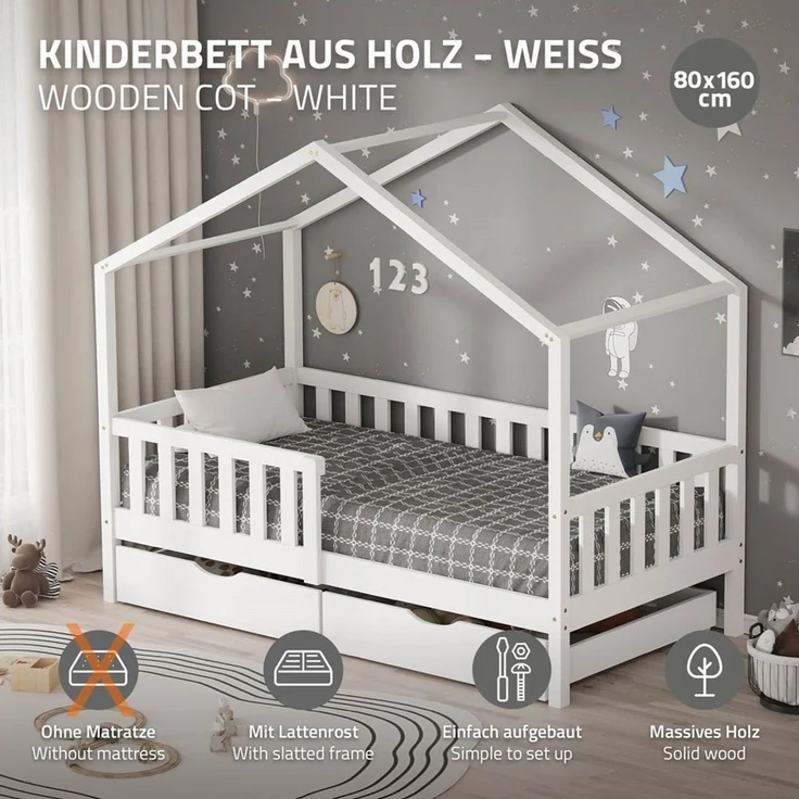 ML-DESIGN Spielbett Hausbett Kinderbett inkl. 2 Schubladen, Lattenrost und Rausfallschutz, Abenteuerbett 80x160 cm Haus Bett Himmelbett Kiefer Jugendbett Weiß – Bild 2