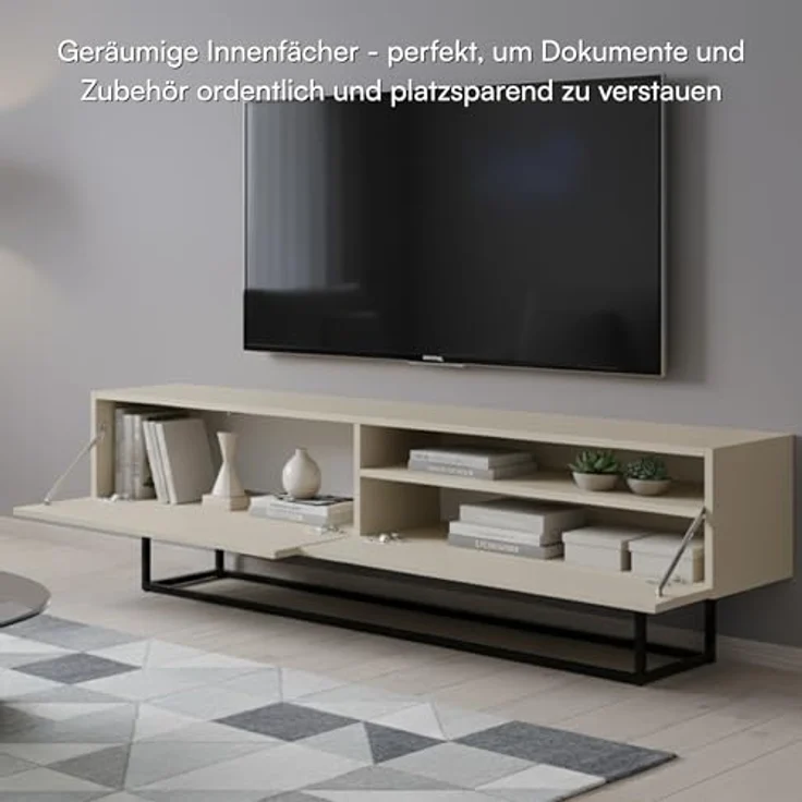 Selsey 'Veldio' TV-Lowboard mit offenem Fach, greige mit schwarzem Metallgestell, ca. 46 x 175 x 32 cm – Bild 5
