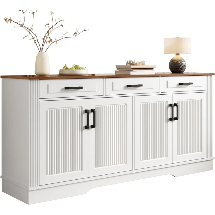 Merax Wohnzimmerschrank, Sideboard, 3D-vertikale Streifen, 3 Schubladen, 4Türen, Korpus aus MDF, Weiß – Bild 10