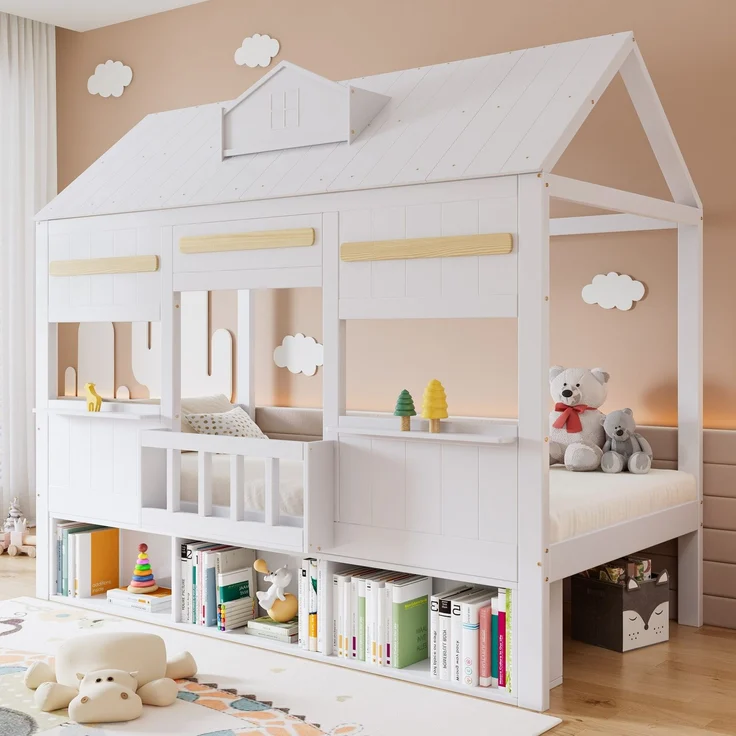 Hausbett mit Bücherregal, Dach und Lattenrost, 90x200 cm, Kinderbett mit Rausfallschutz, Massivholzbett, Kiefer – Bild 3