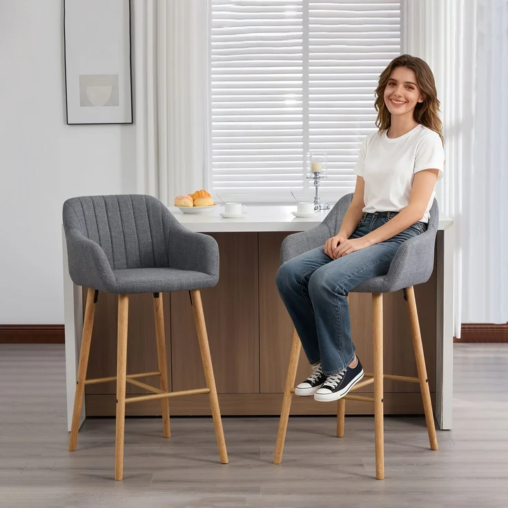 LVHOM Barhocker 2er Set, Barstühle mit Rückenlehnen und Armlehnen, Tresenhocker mit Holzbeinen, Tresenstuhl Stoff, Grau – Bild 8