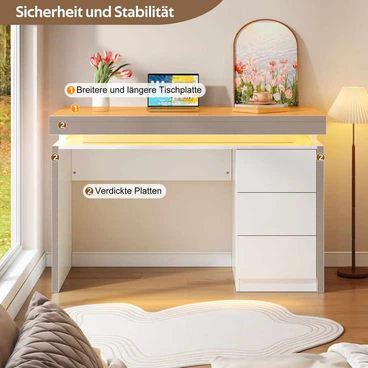 ZUBALIYA Moderner LED-Schreibtisch 120×50×78,5 cm – Computertisch mit drei Schubladen, verlängerter und verbreiterter Arbeitsfläche, verstärkten Beinen, einstellbarer LED-Beleuchtung, geeignet für Homeoffice – Bild 4