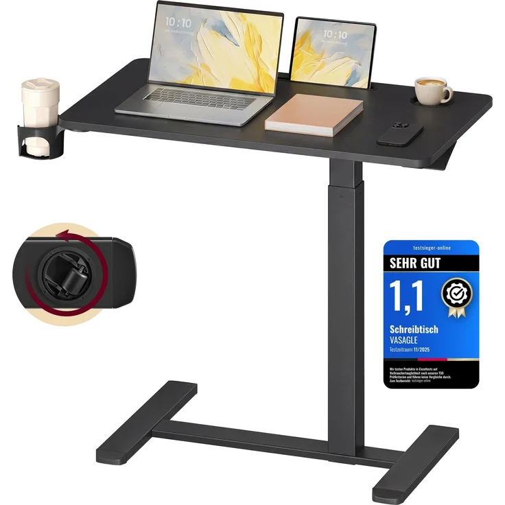 VASAGLE Beistelltisch mit Rollen, mobiler Stehtisch, 80x45 cm große Tischplatte, verstellbare Höhe, 2 Getränkehalter, Schlitz für Handy oder Tablet, tintenschwarz LSD601BZ01