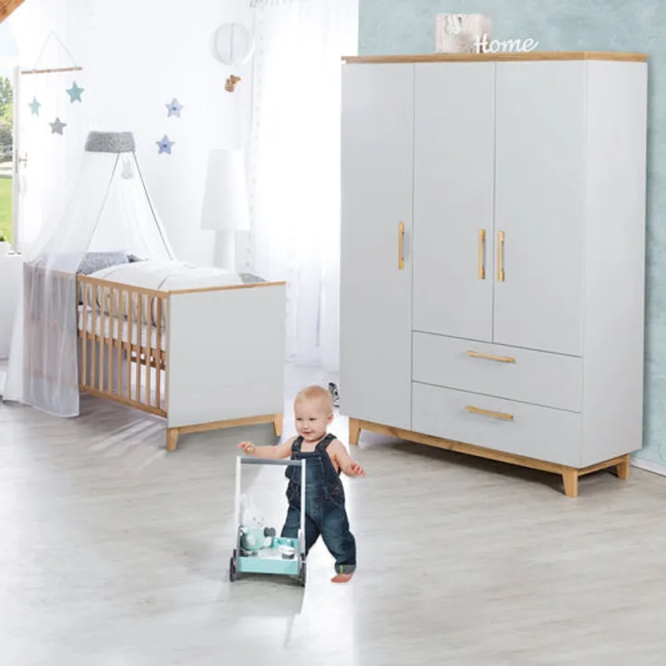 roba Kinderzimmerset 'Caro' 3-teilig - Bett 70 x 140 - Kleiderschrank 3-türig - Lichtgrau / Goldeiche